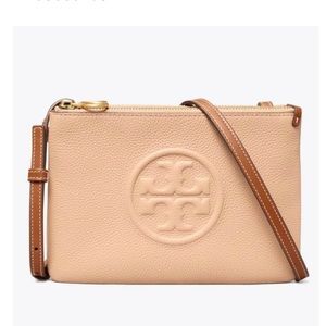 Brand New❣️TORYBURCH🧡Perry BombÉ Double-zip Devon Sand Leather Cross Body Bag